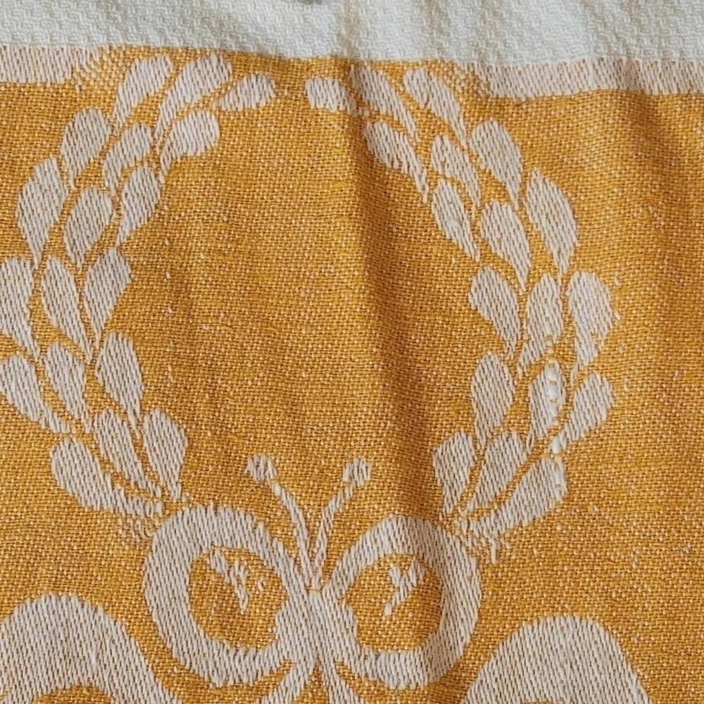 Vintage 50's Woven Tea Towels Jacquard Wreath Bow Ivory Orange Bundle 2 Linen